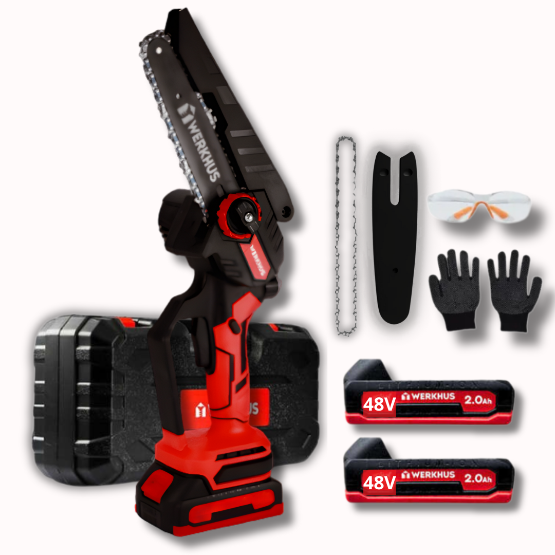 MINI MOTOSEGA POTETENTE A BATTERIA con kit per il taglio del legno